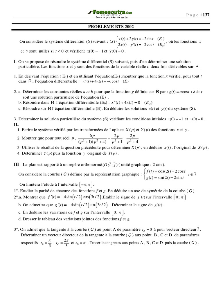 Exercice corrigé : Équations différentielles BTS | PDF | Tangente ...