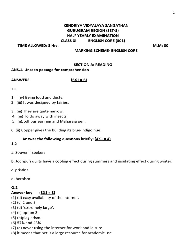 Xi h y english marking scheme set 3 pdf