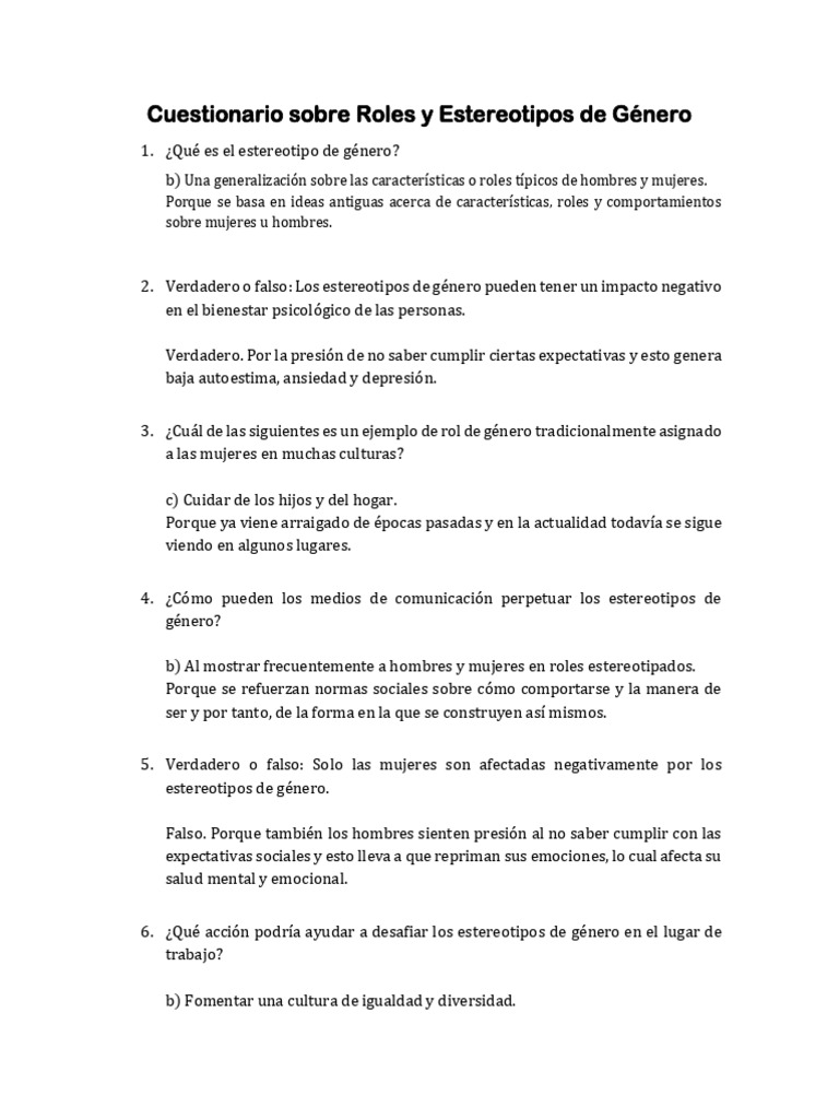 Cuestionario sobre Estereotipos de Género | PDF | Rol de género ...
