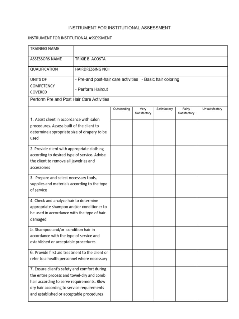 NCII Hairdressing Assessment Tool | PDF | Hairstyle | Hair