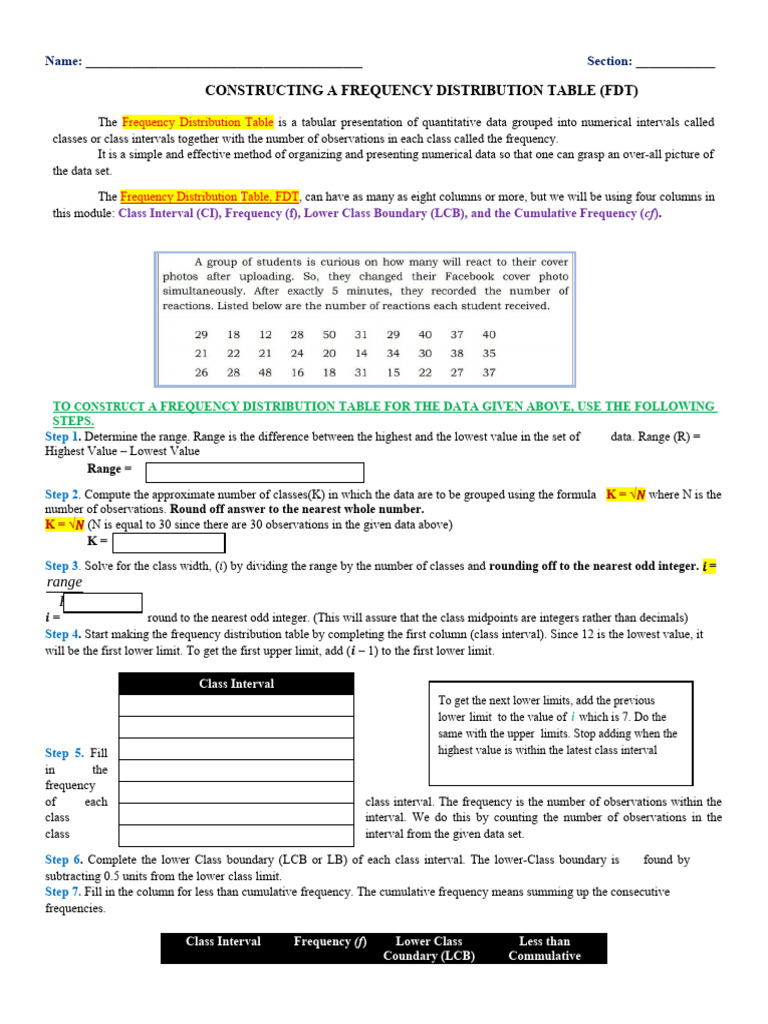 Constructing A Frequency Distribution Table | PDF | Numbers | Interval ...
