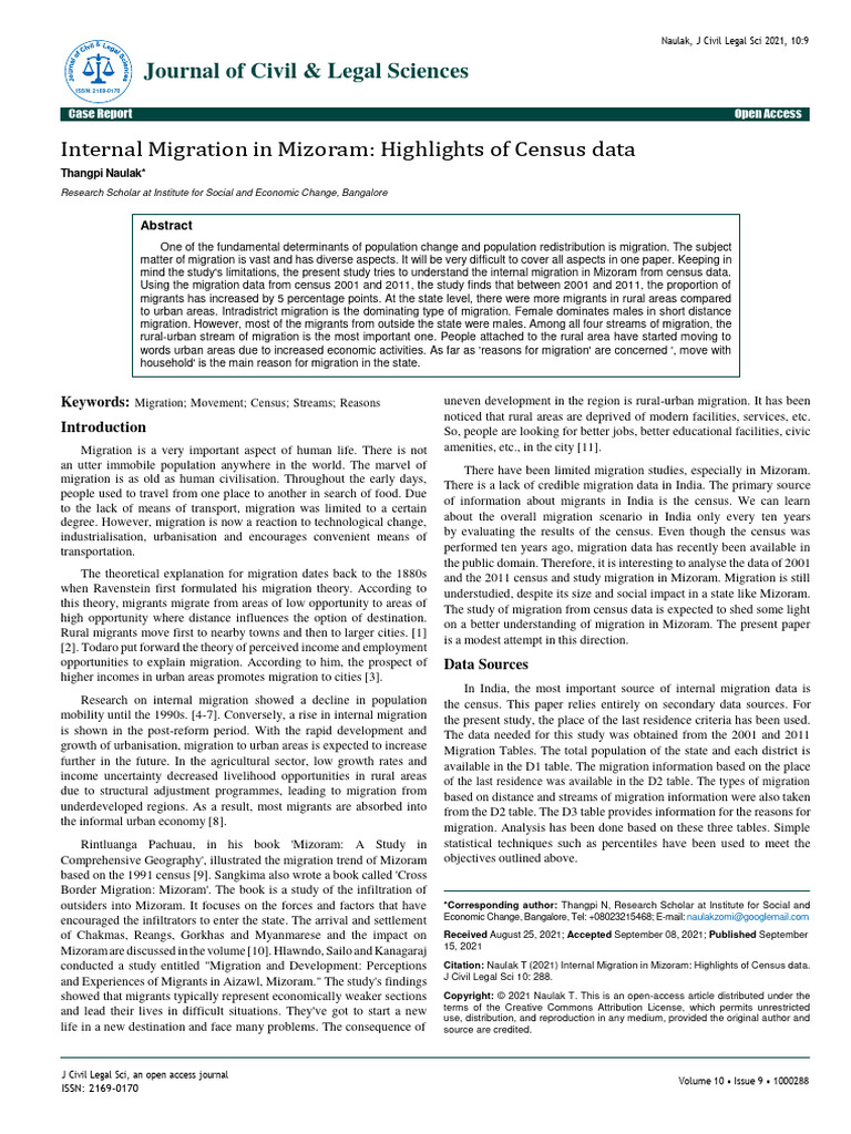 Internal Migration in Mizoram Highlights of Census Data | PDF | Human ...