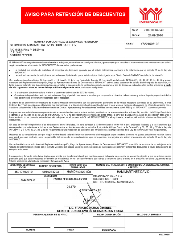 Aviso de Descuentos INFONAVIT para Empleadores | PDF | Salario mínimo ...