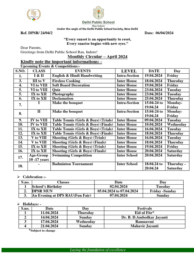 April 2024 Monthly Circular DPS Rau | PDF | Holidays | Observances