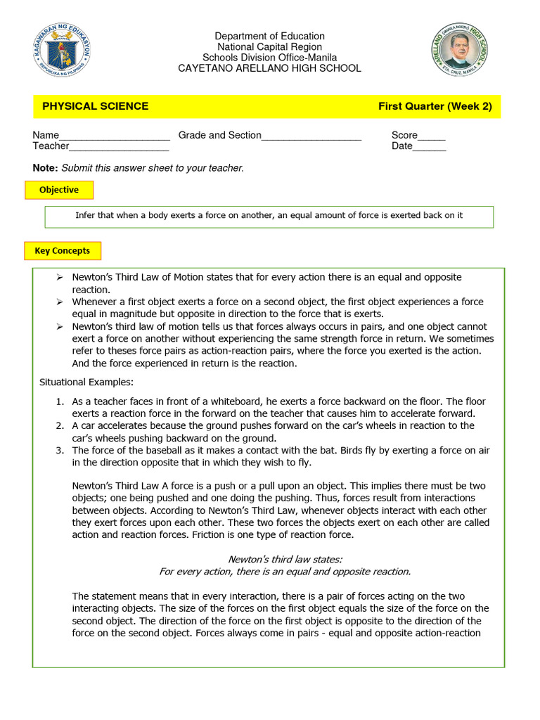 Newton's Third Law Worksheet | PDF | Force | Newton's Laws Of Motion