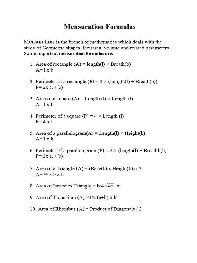 Mensuration Formulas | PDF