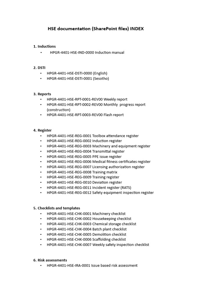 HSE documentation INDEX | PDF | Occupational Safety And Health | Safety