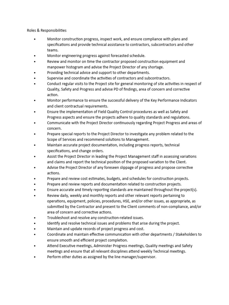 Roles Responsibilities Project Engineer Construction Manager | PDF ...