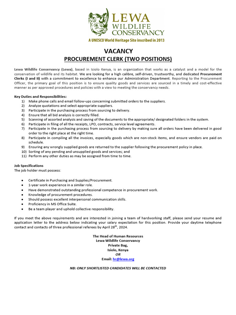 Advert - Procurement Clerks (2 Positions) | PDF | Procurement | Business