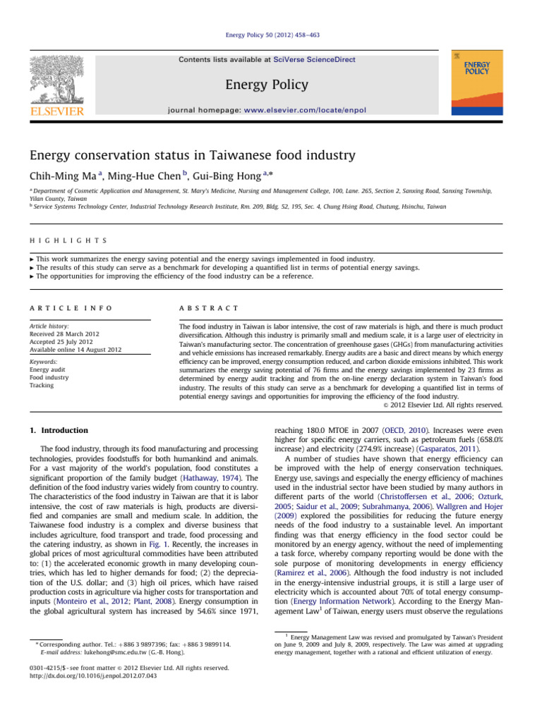 Energy Conservation in Taiwan's Food Industry | PDF | Energy ...