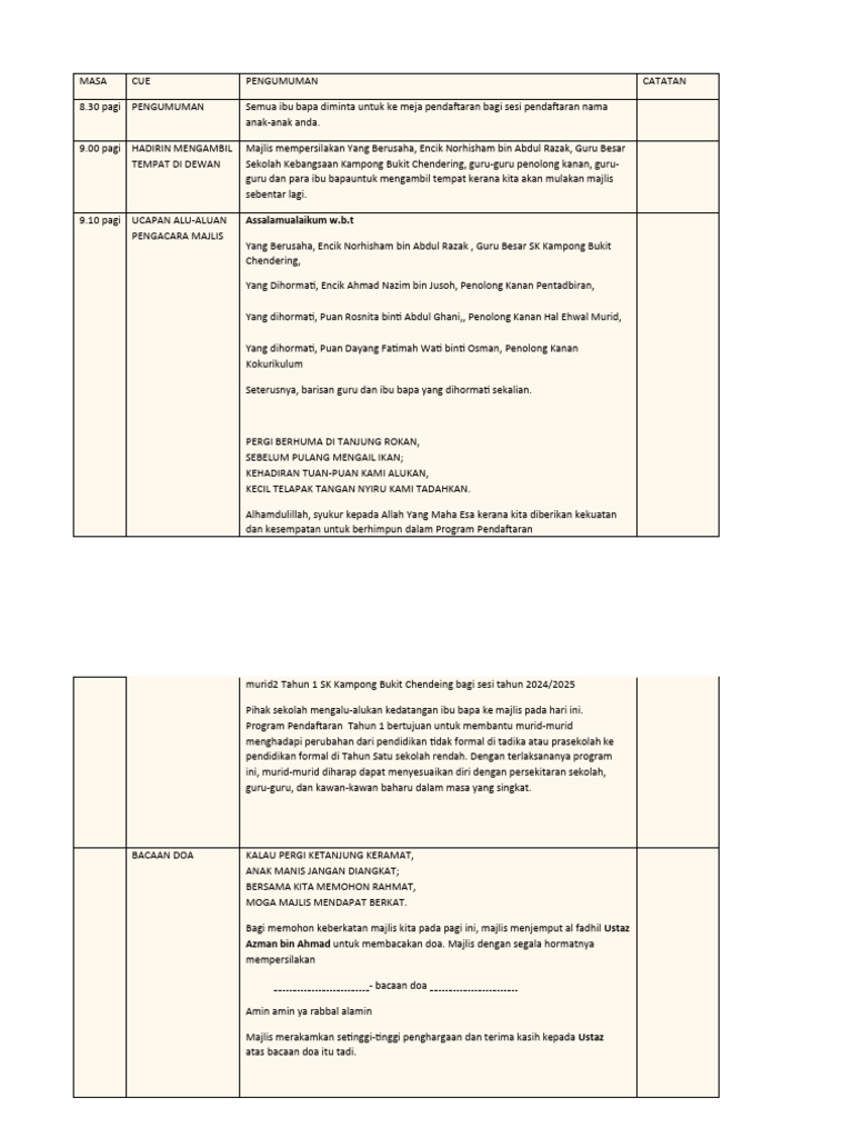 Majlis Pendaftaran Tahun 1 2024 | PDF