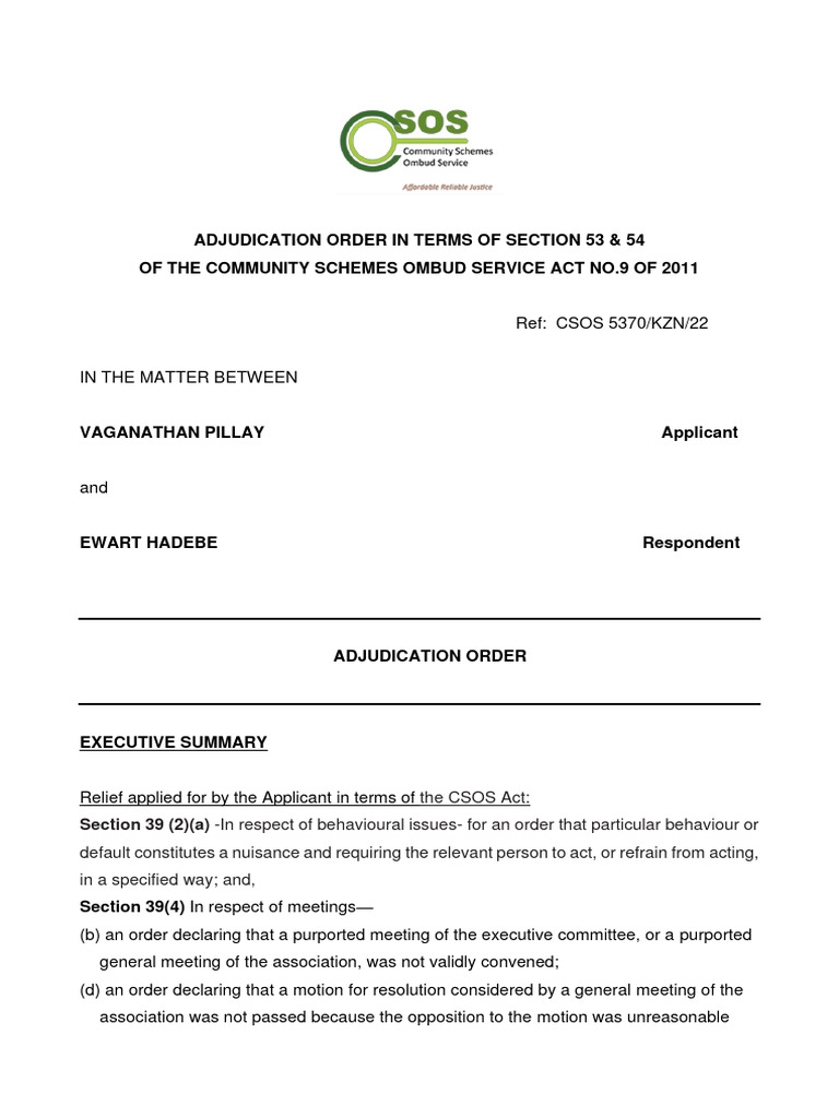 CSOS Adjudication Order: Pillay vs. Hadebe | PDF | Nuisance | Judgment ...