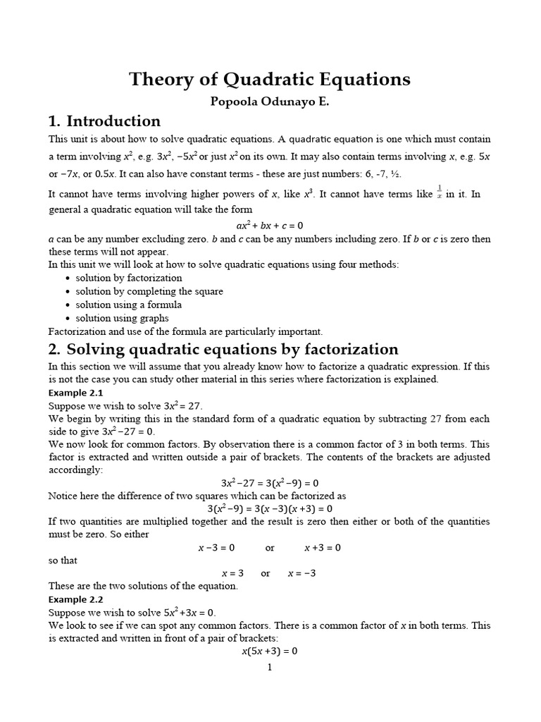 Theory of Quadratic Equation Lecture Material | Download Free PDF ...