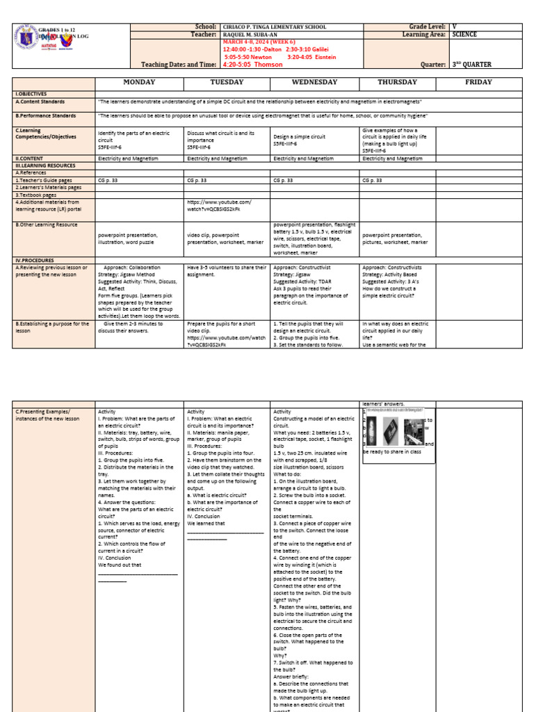 Grade 5 Science Daily Lesson Plan | PDF | Electrical Connector | Learning