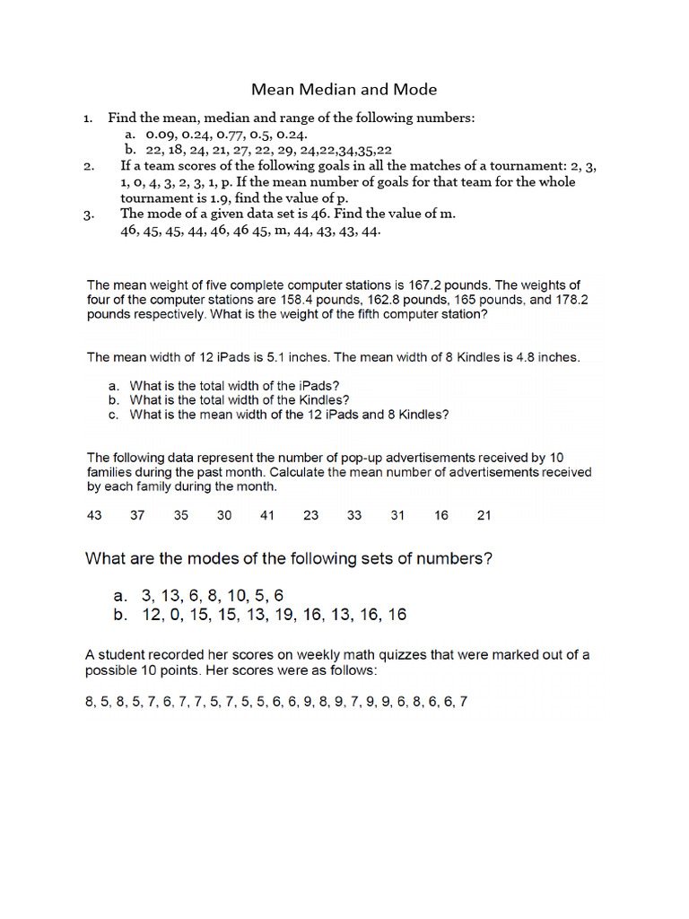Mean, Median and Mode (Worksheet 1) | PDF