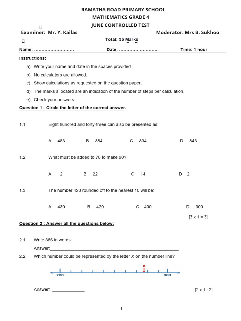 Grade 4 Term 2 Maths Exam Paper | PDF | Numbers | Arithmetic
