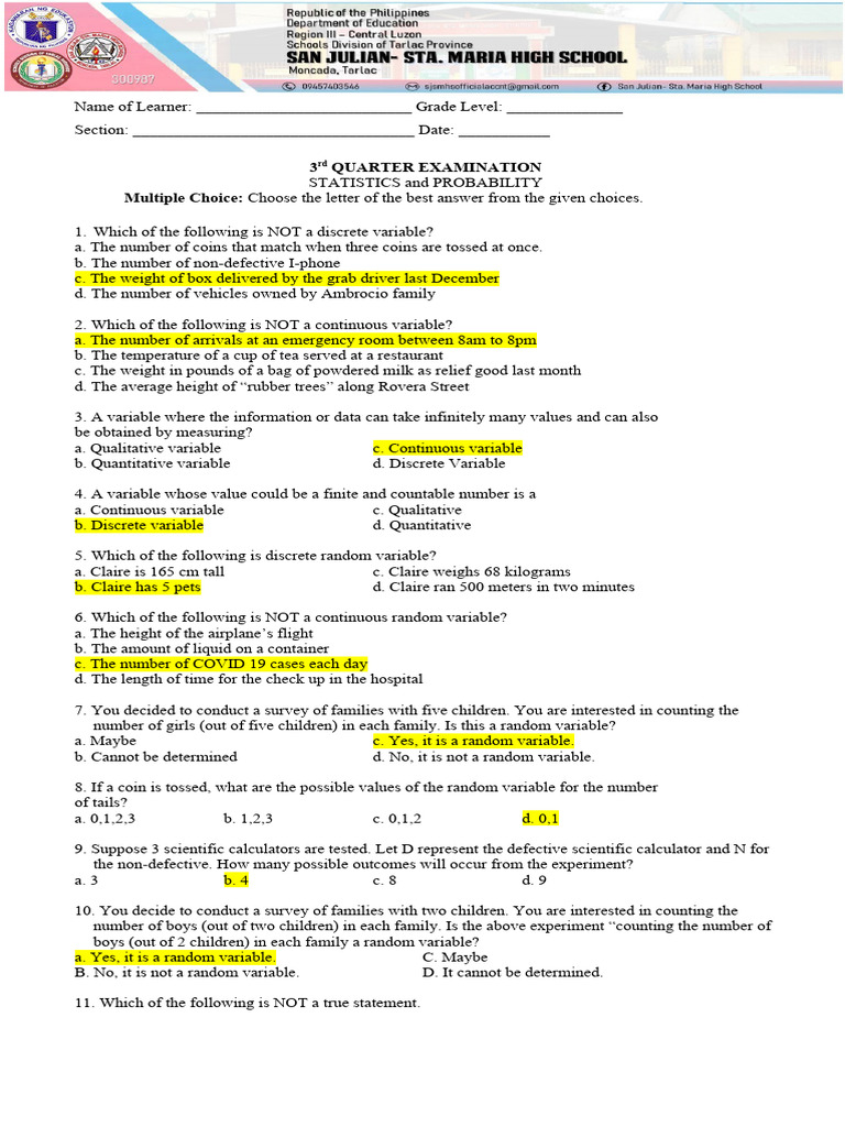 3rd Quarter Exam: Statistics & Probability | PDF | Sampling (Statistics ...