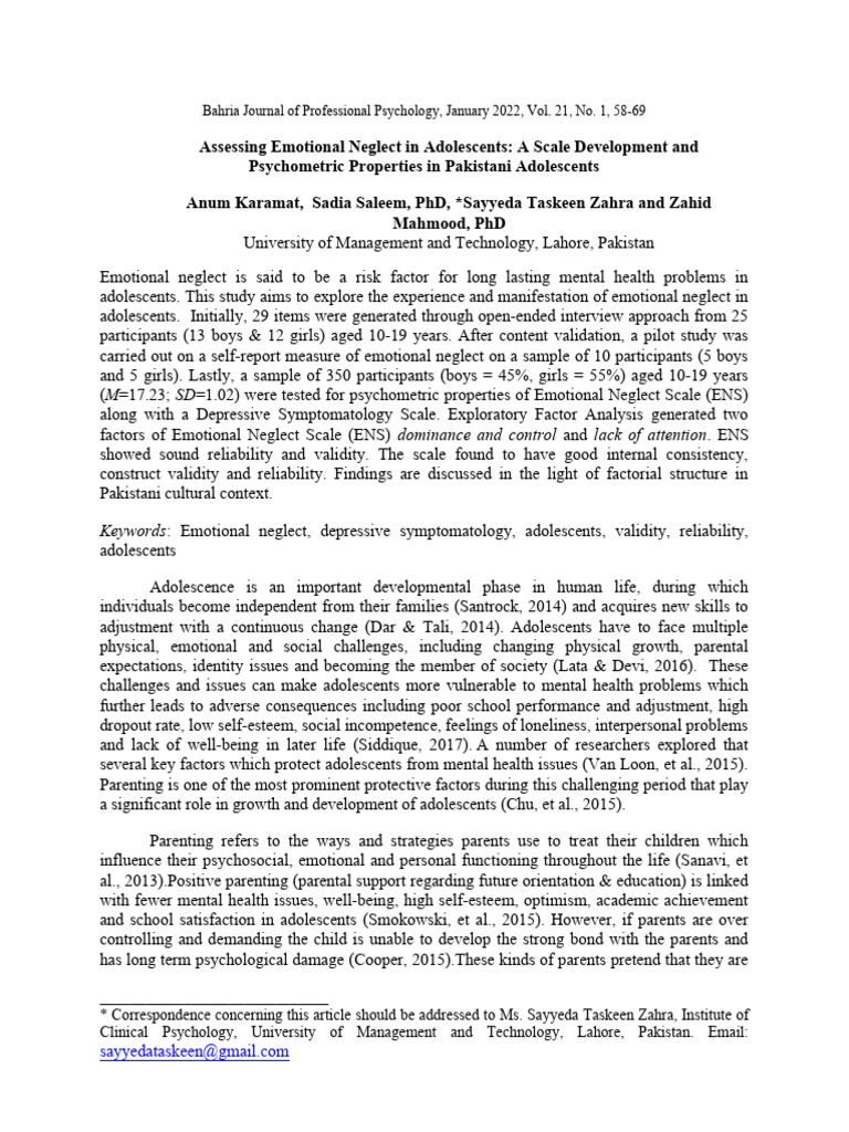 Emotional Neglect Scale | PDF | Attachment Theory | Child Neglect