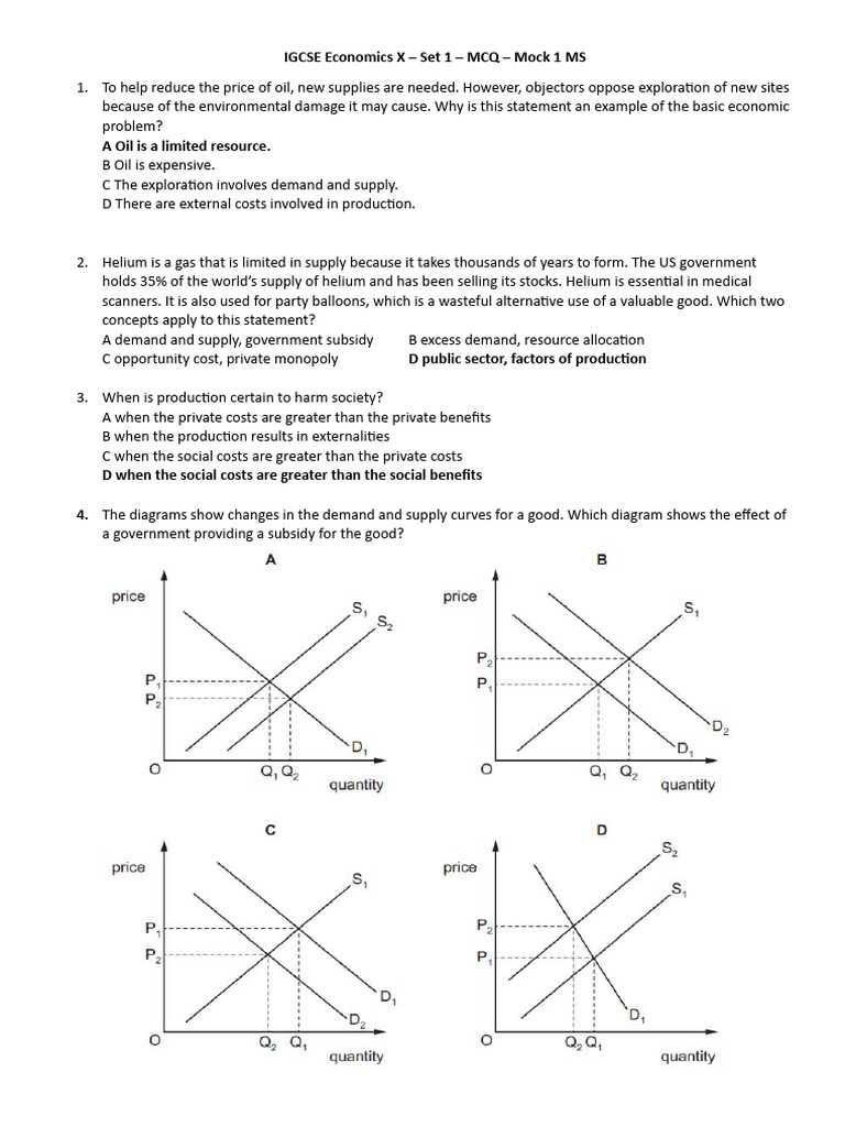 IGCSE Economics MCQ Mock Exam Set 1 | PDF | Demand | Supply (Economics)