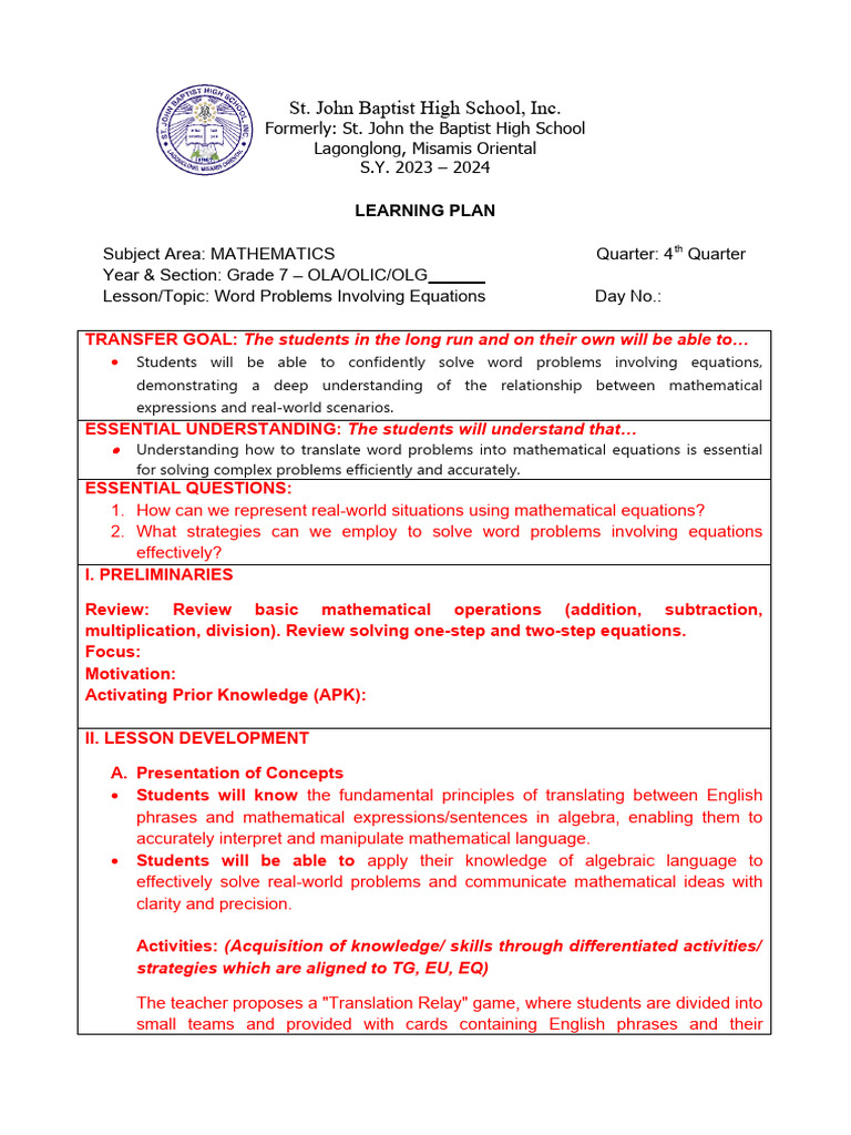 Grade 7 Math: Solving Word Problems | PDF | Mathematics | Equations
