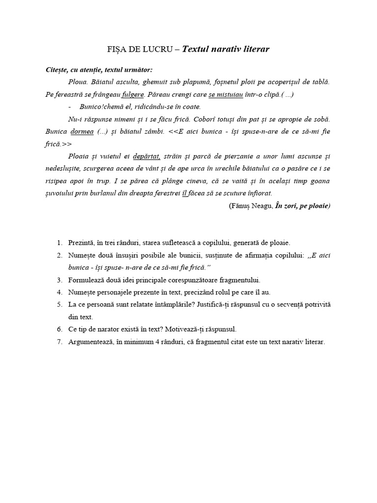 Fisa de Lucru Textul Narativ Literar | PDF