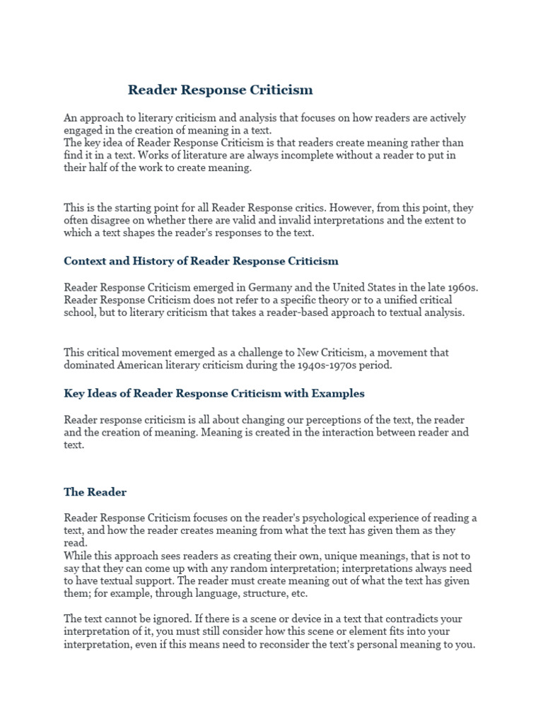 Understanding Reader Response Criticism PDF Liberal Arts Education