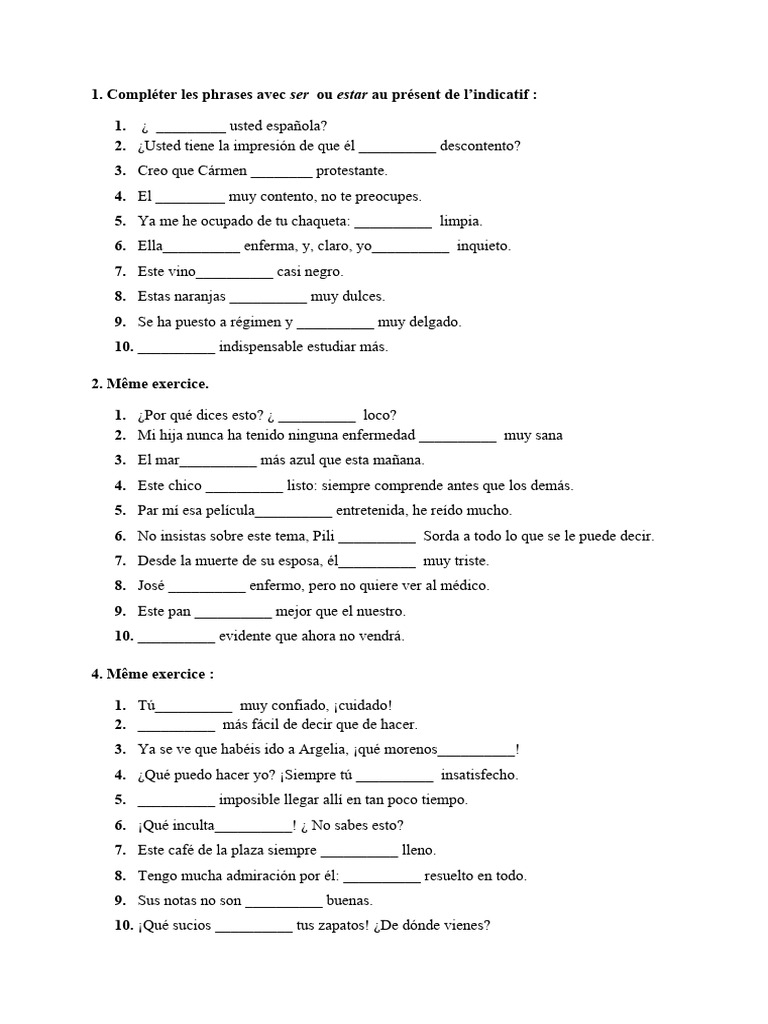 Excercices Ser y Estar.4ème PDF