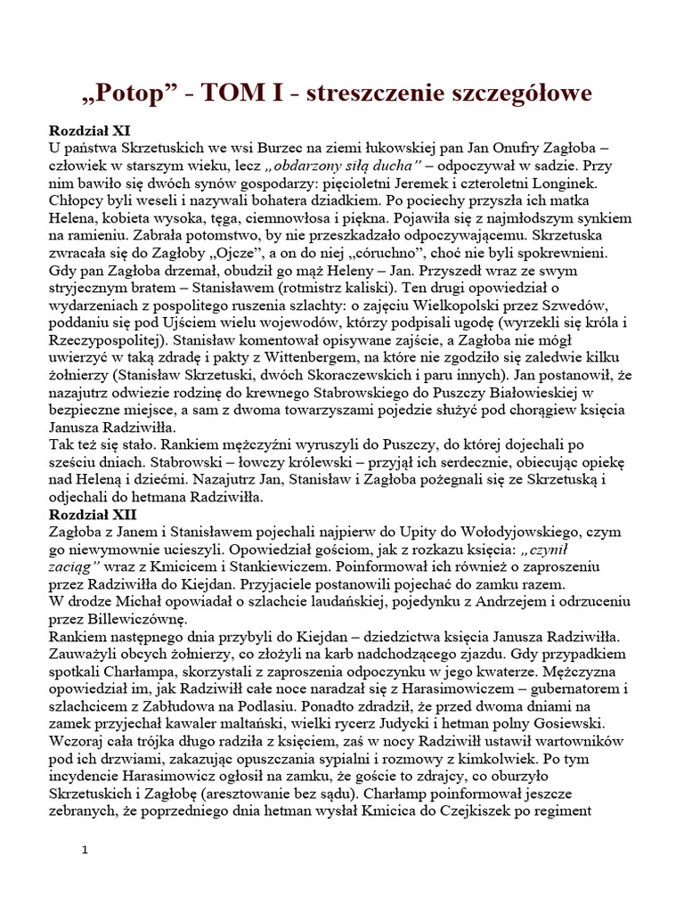 Potop Tom 1 Streszzczenie Szczegolowe | PDF