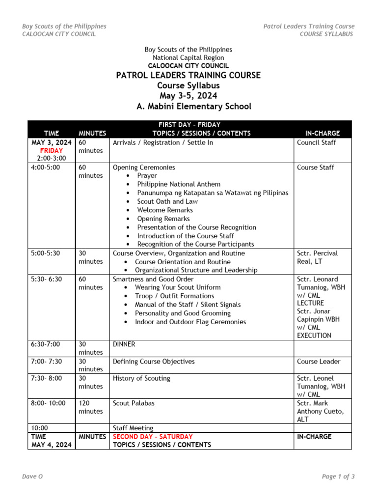 PLTC - Cousre Sylabus | PDF | Scouting | Girl Guiding And Girl Scouting
