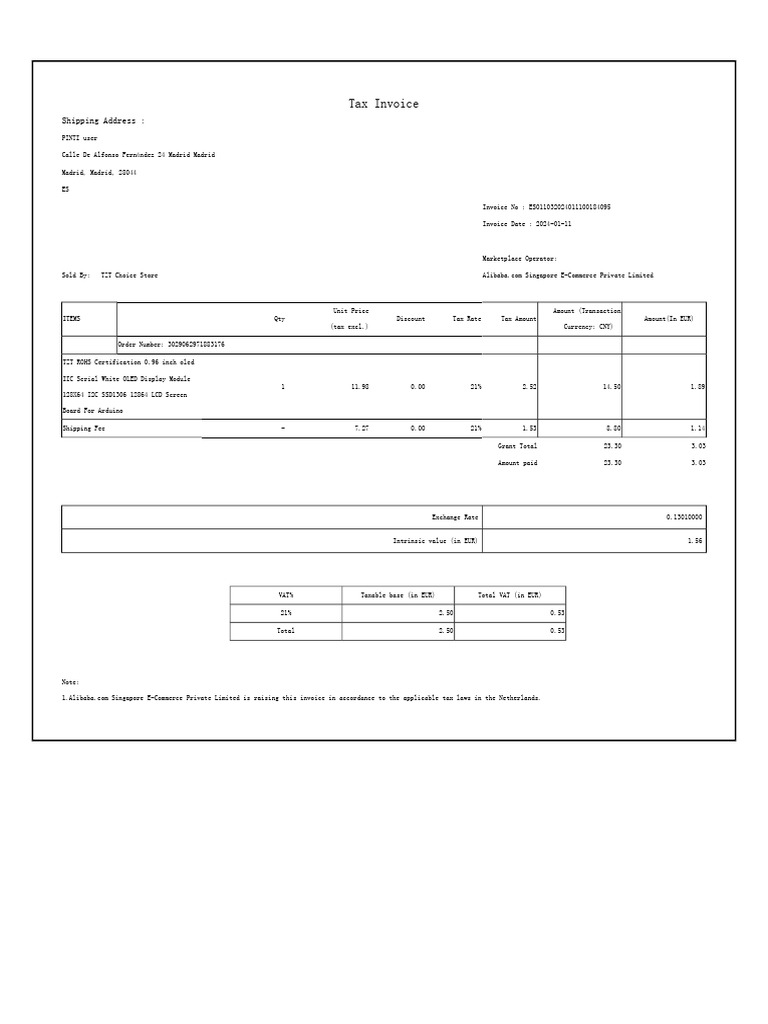 Tax Invoice for TZT OLED Display Purchase | PDF | Taxes | Value Added Tax