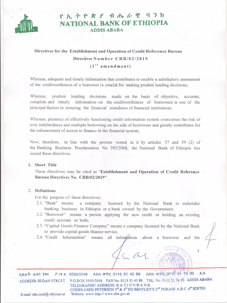 Directive For The Establishment of and Operation of Credit Reference ...