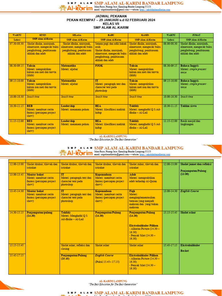 Jadwal Pelajaran Kelas 7 Pekan 4 Bulan 1 Pdf