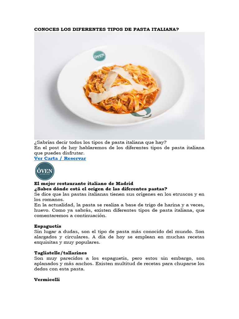 Conoces Los Diferentes Tipos de Pasta Italiana | PDF | Pasta | Espaguetis