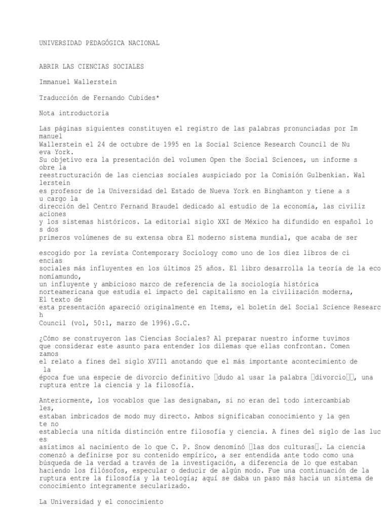 Abrir Las Ciencias Sociales Wallerstein Ciencia
