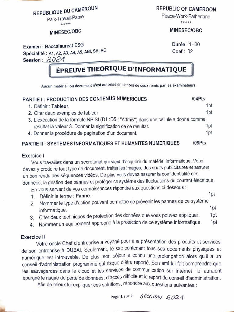 Épreuve Informatique Bac 2024 Cameroun | PDF | Cloud computing | Bases ...