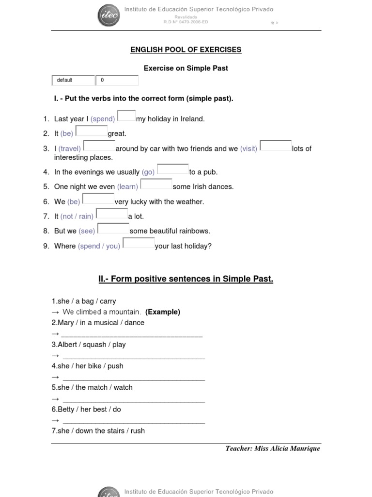 Simple Past Exercises Worksheet | PDF | Grammar | Language Mechanics