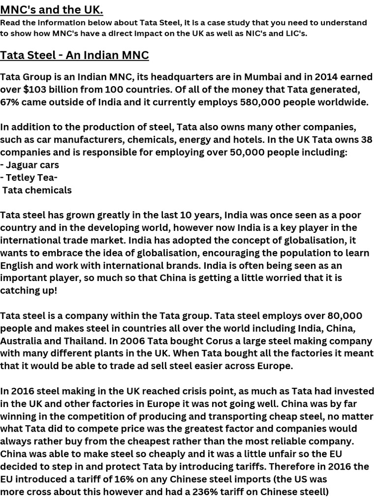 Tata Steel Case study | PDF | Multinational Corporation | Economies