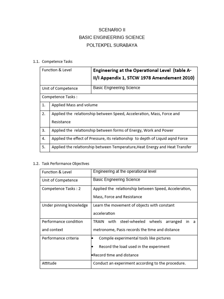 Basic Engineering Science Competence Tasks | PDF | Force | Mass