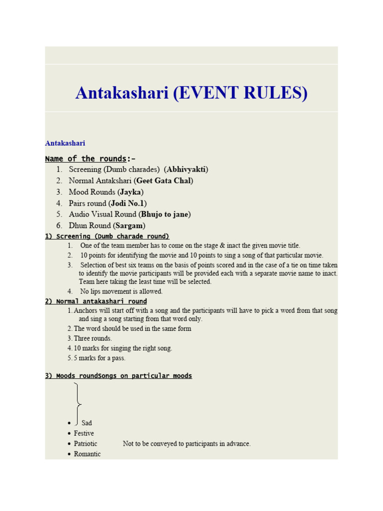 Antakshari Event Rules and Rounds | PDF | Language Arts & Discipline | Art