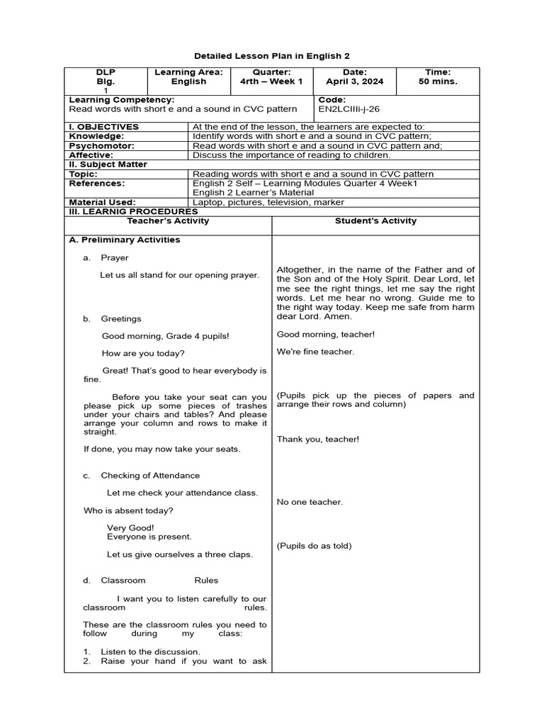 English 2 Lesson Plan: CVC Words | PDF | Learning | Cognition