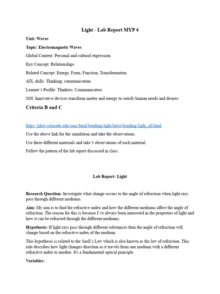 Light Refraction Lab Report MYP 4 | PDF | Refraction | Refractive Index