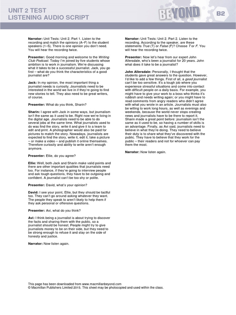 Unit 2 Test: Journalism Skills Script | PDF | Journalism | Human ...