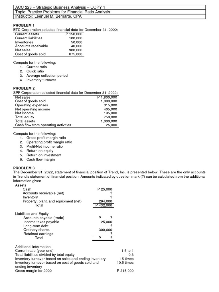 Copy 1 ACC 223 Practice Problems For Financial Ratio Analysis | PDF ...
