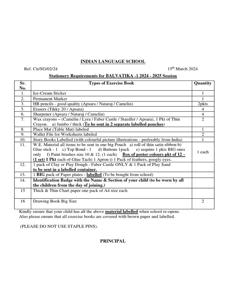Balvatika Stationery List 2024-2025 | PDF | Notebook | Sewing Needle
