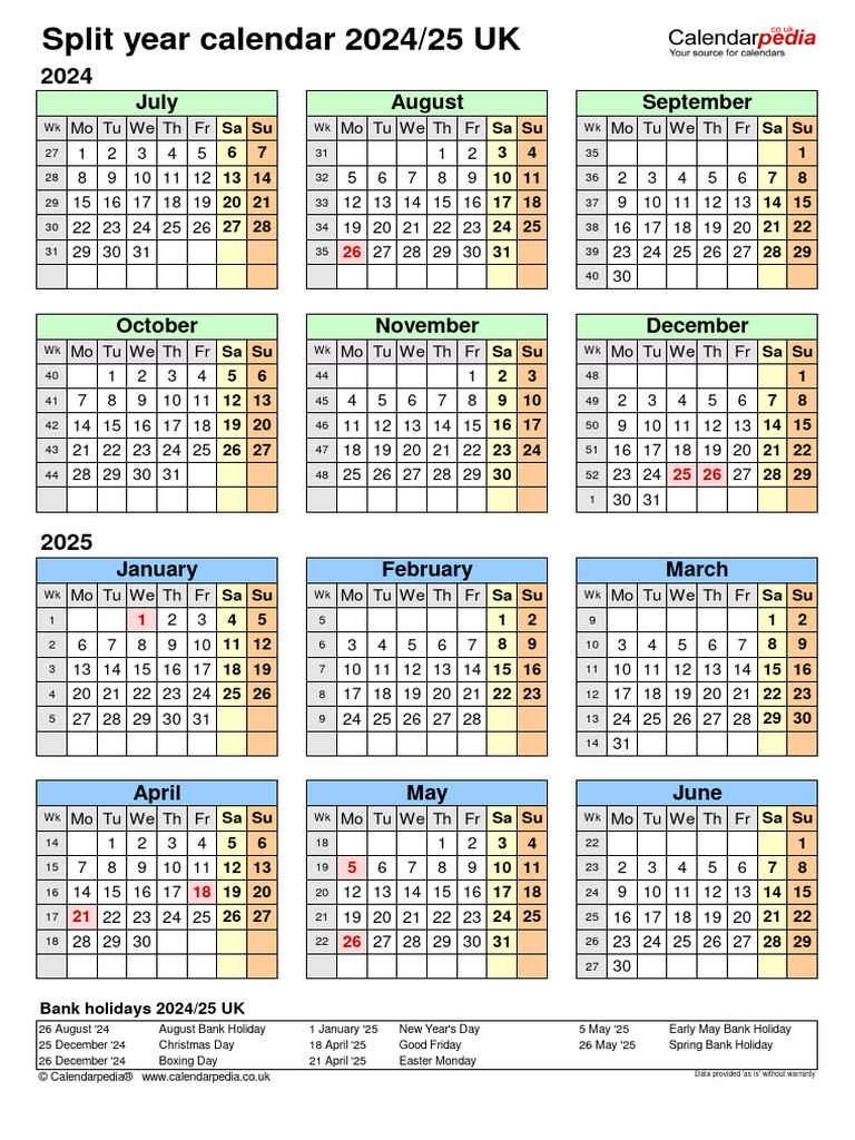 Split Year Calendar 2024 2025 Portrait Year at A Glance | PDF ...
