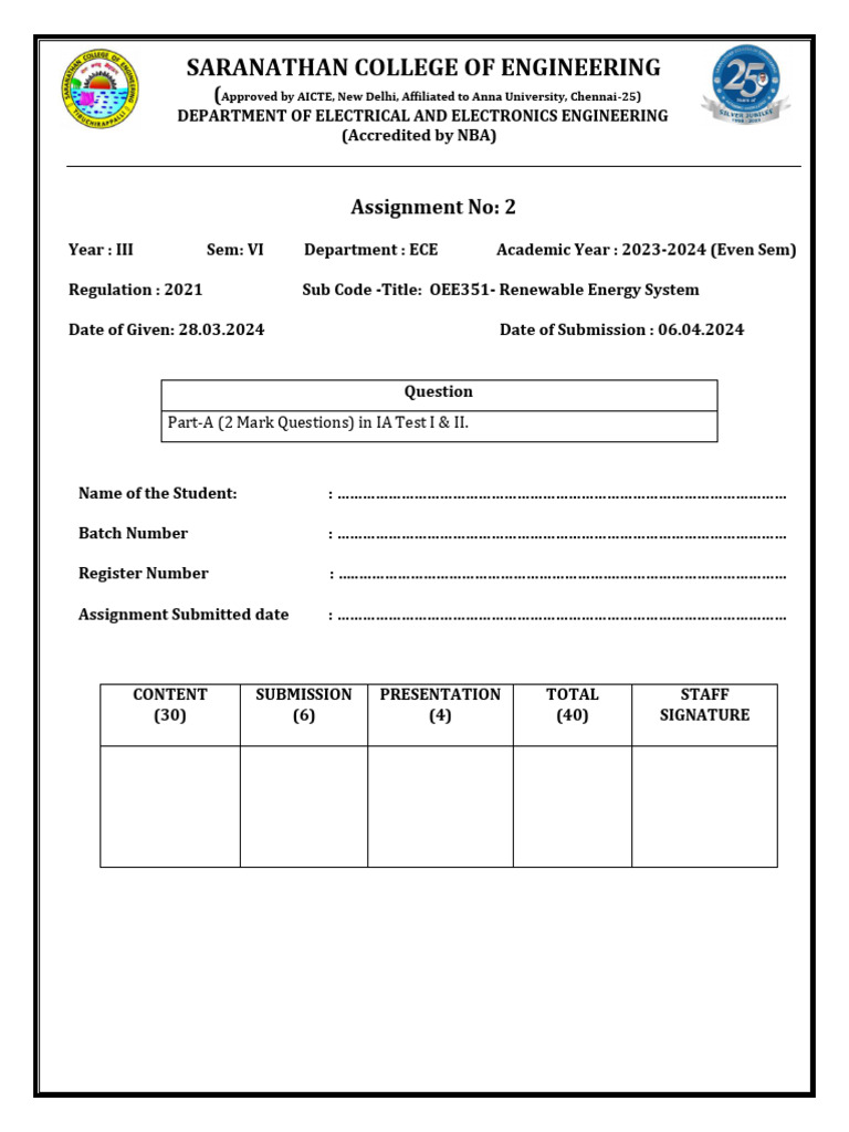 ECE Assignment on Renewable Energy Systems | PDF