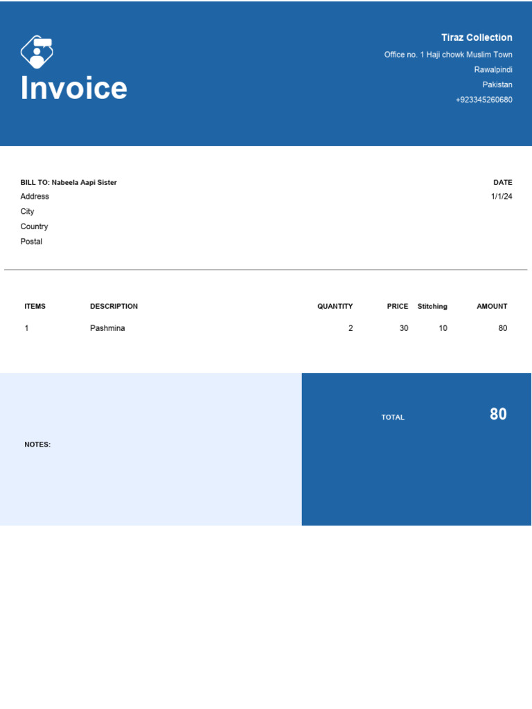 Invoice for Pashmina Stitching Services | PDF