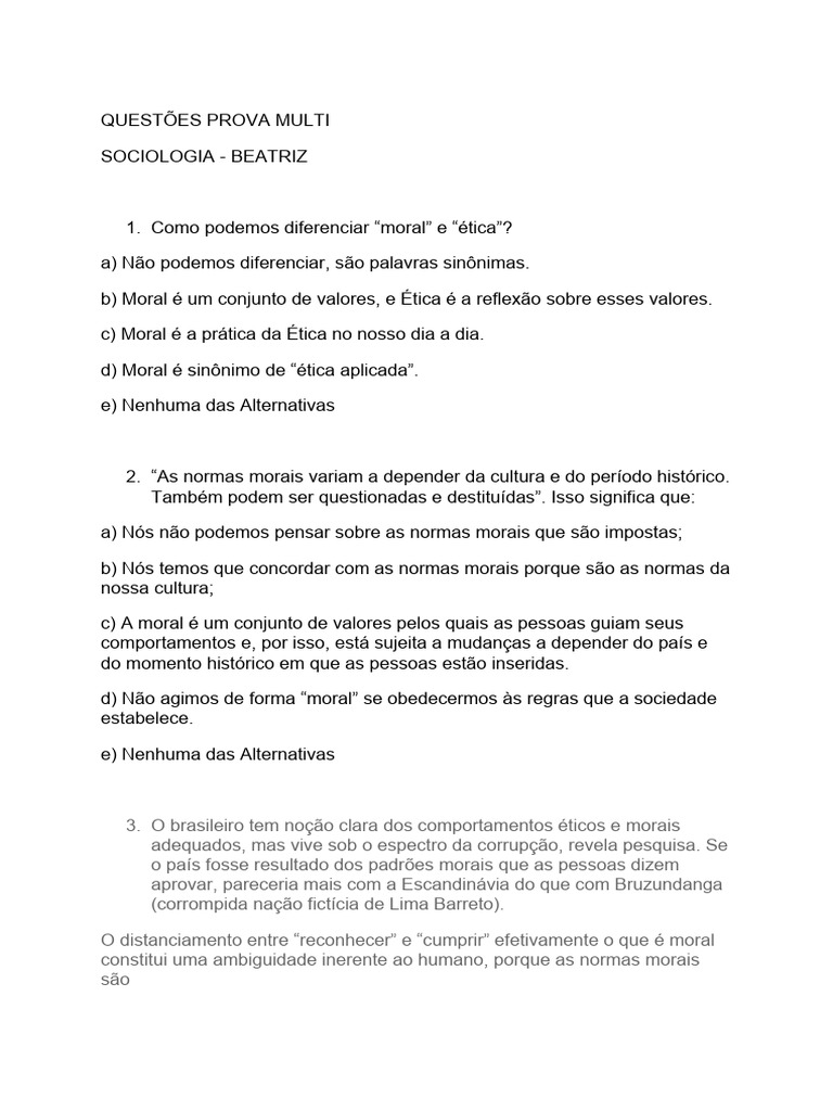 Questões de Sociologia e Artes para Prova | PDF | Moralidade | Racismo
