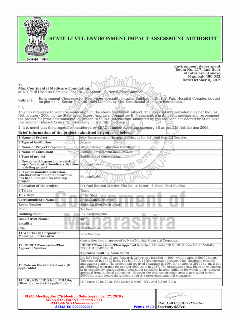 Environmental Clearance for New Hospital | PDF | Environmental Impact ...