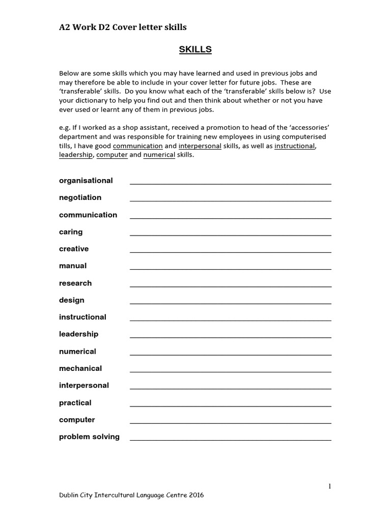 A2 Work D2 Cover Letter Skills | PDF